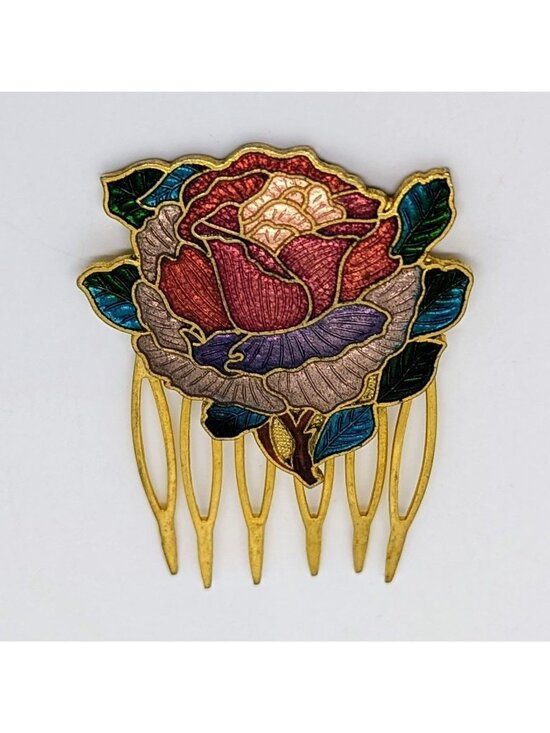 Unbranded Accessories - Vintage Cloisonne Rose Hair Comb 70s Enamel Retro Gold-tone